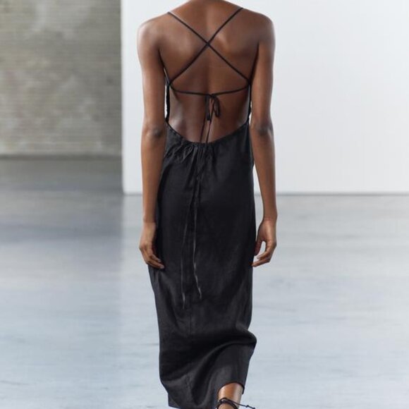 NWT BLACK ZW COLLECTION 100% LINEN OPEN BACK CLASSIC MIDI DRESS - Picture 3 of 9